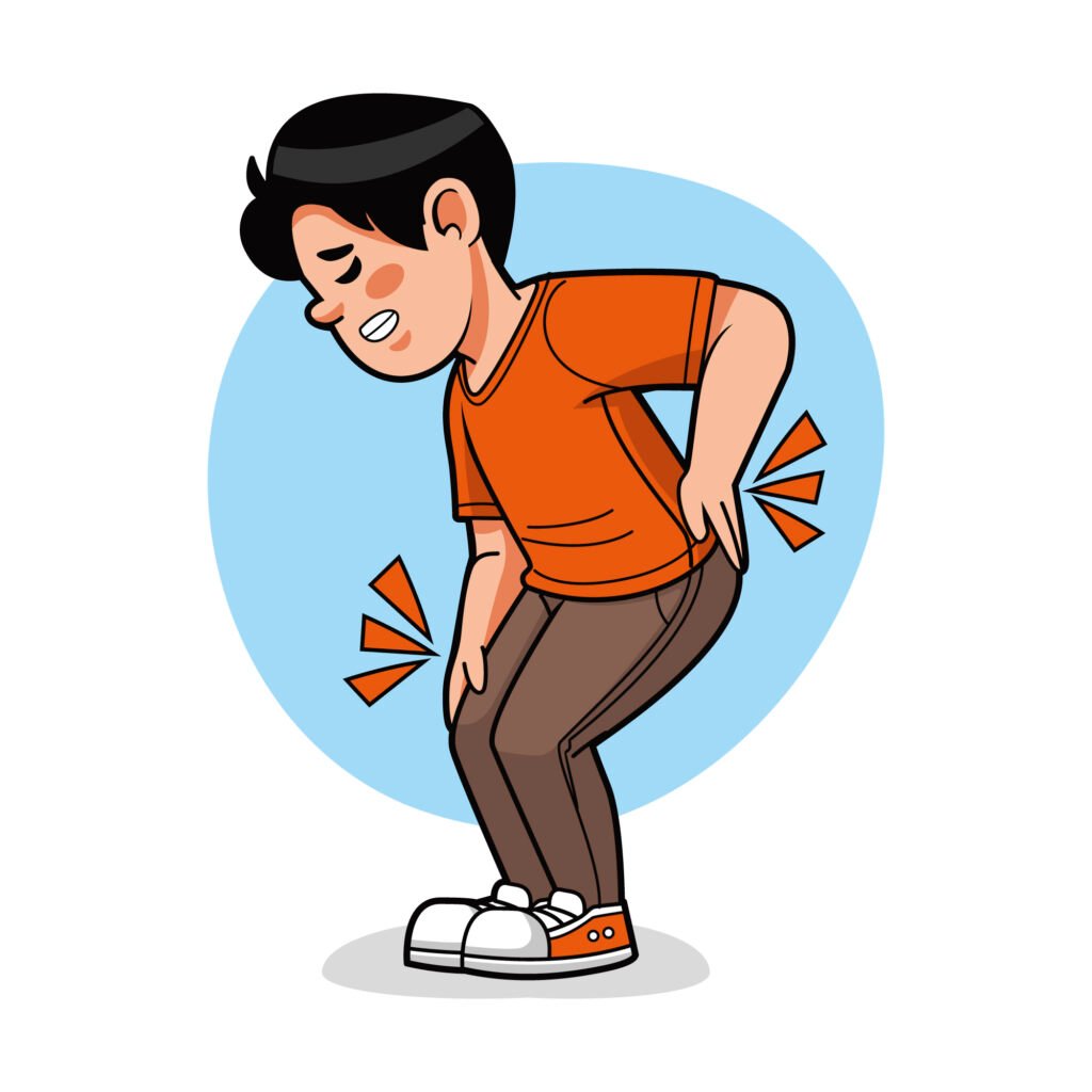 Cartoon illustration of a man experiencing severe lower back pain due to rapidly progressive renal failure.