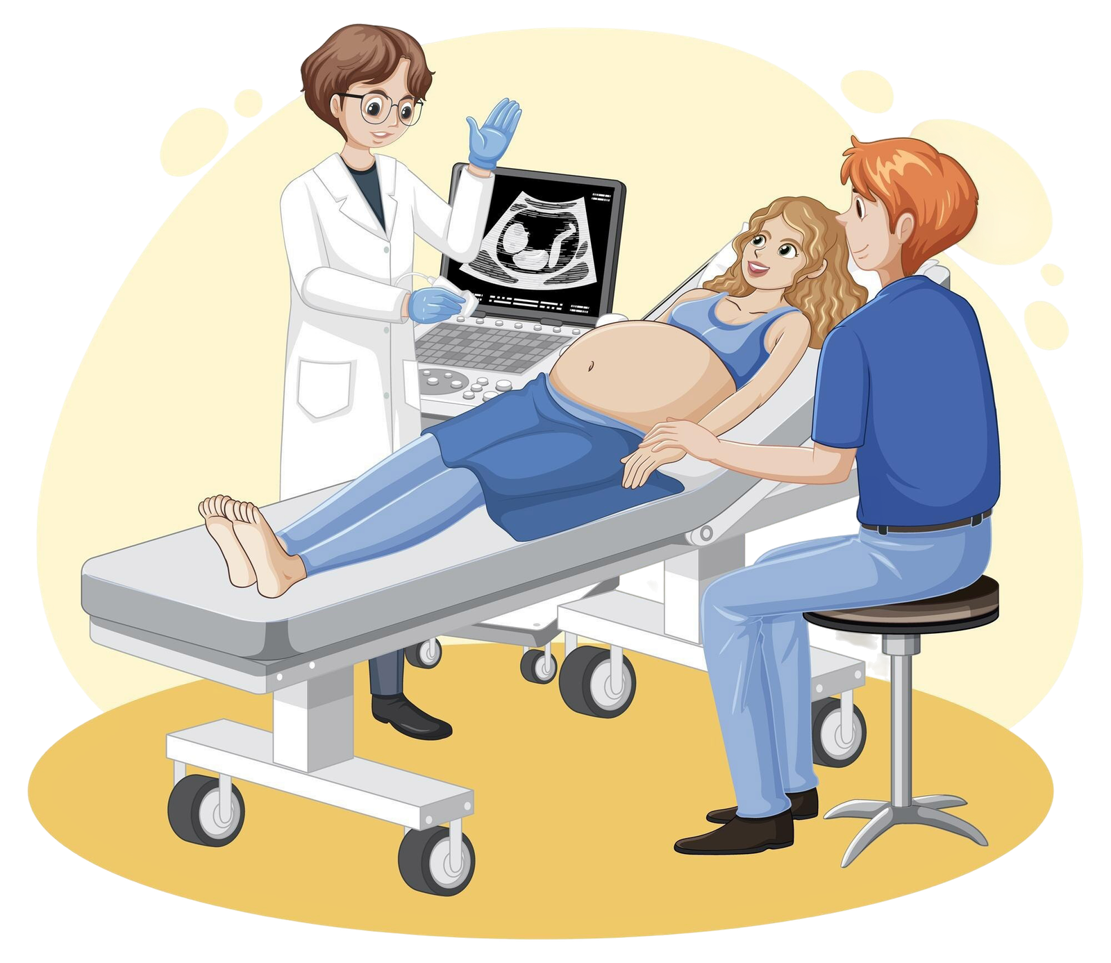 Doctor performing ultrasound on a pregnant woman while her partner supports her, with the fetal scan displayed on the monitor.