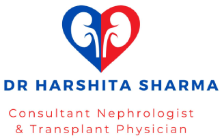 Logo of Dr. Harshita Sharma, Consultant Nephrologist & Transplant Physician – featuring kidney illustration within a heart symbol.