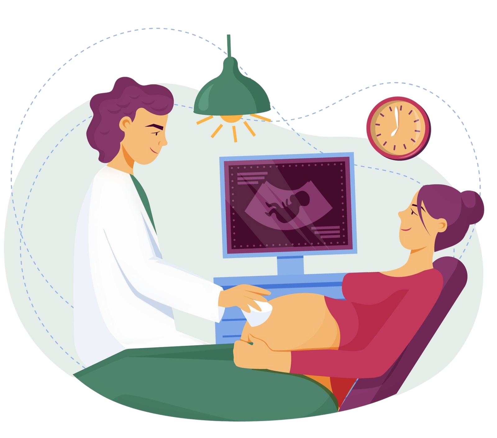 Illustration of a pregnant woman undergoing an ultrasound scan by a doctor, with a fetal image shown on the monitor.