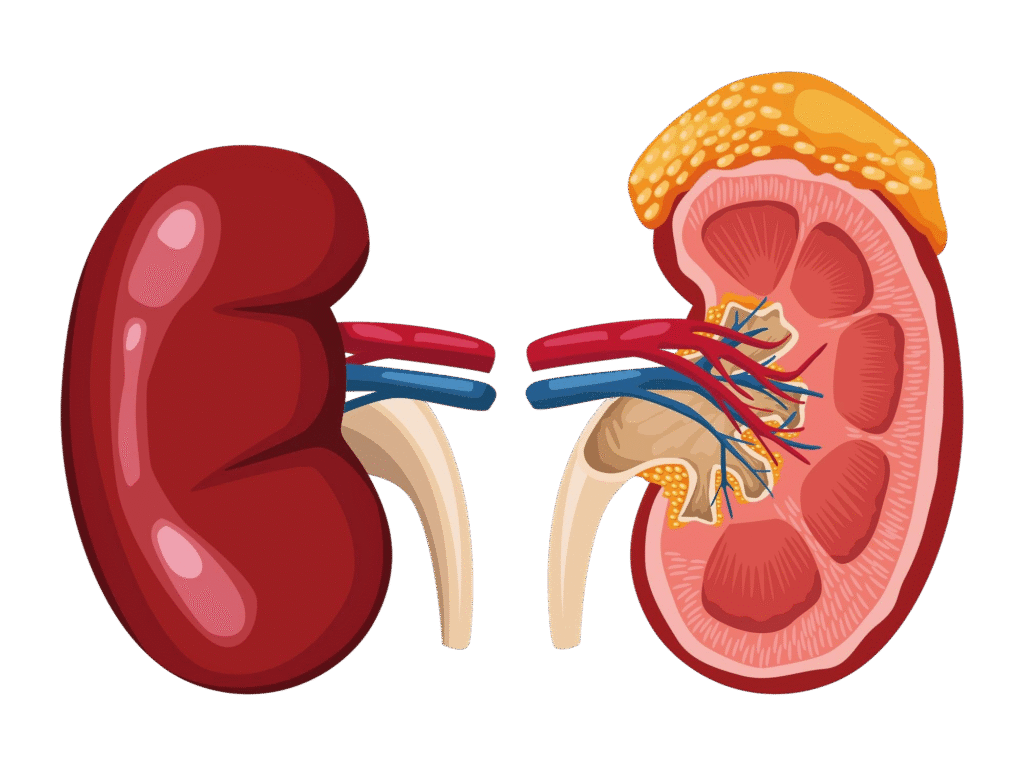 Illustration of human kidneys showing internal structure with renal arteries and veins