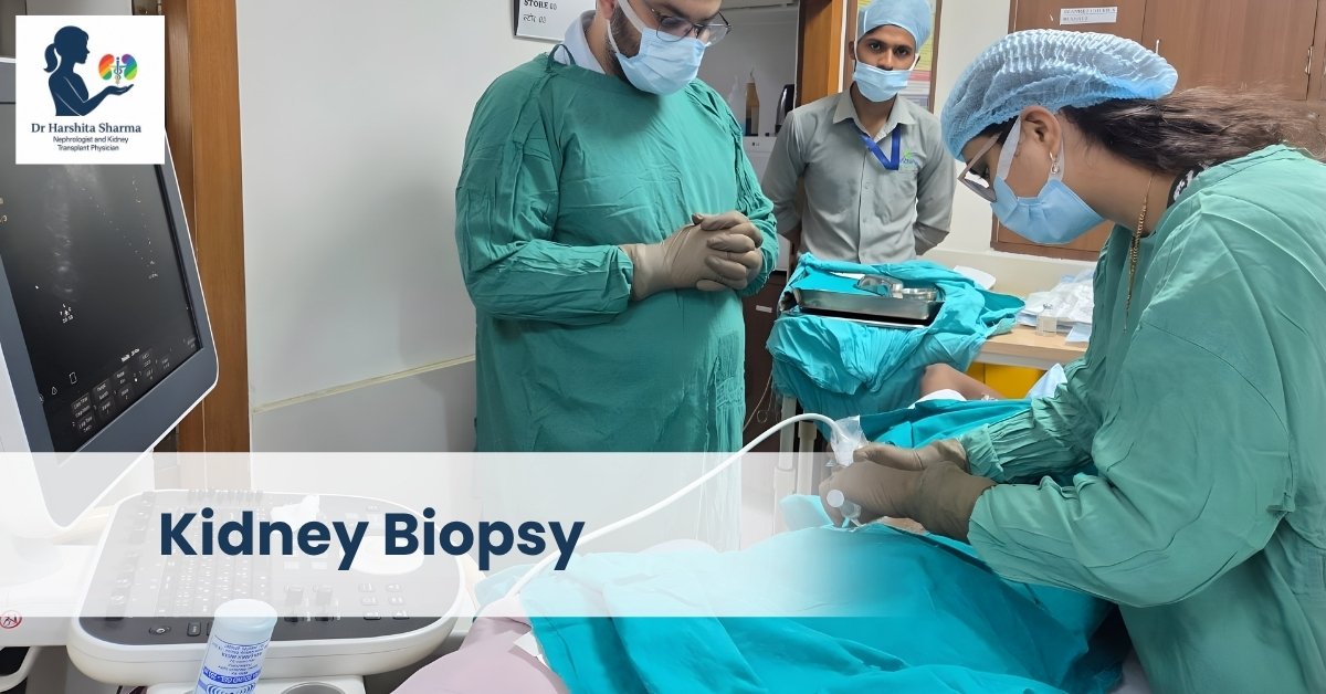 A medical team performing kidney biopsy treatment in Bhopal, guided by ultrasound, with healthcare professionals in surgical attire.