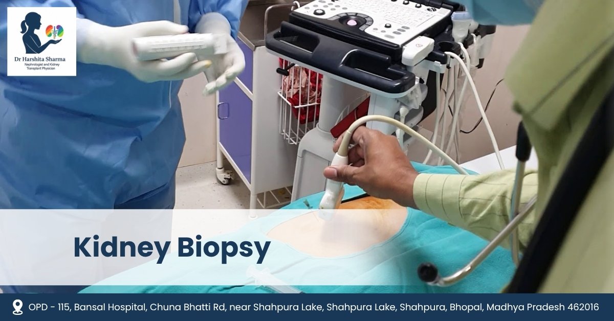A close-up of doctors performing kidney biopsy treatment in Bhopal with ultrasound guidance, showing medical equipment and patient care.