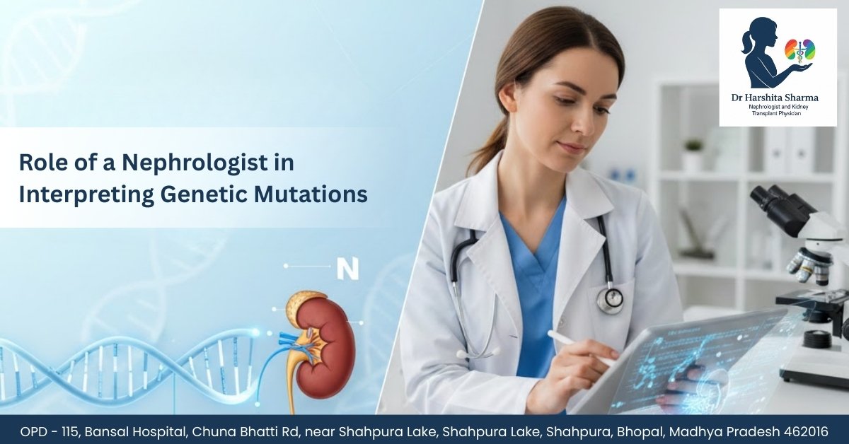 Dr. Harshita Sharma, best nephrologist in Bhopal, examining DNA genetic mutations on screen with kidney diagram, highlighting role in genetic kidney disease treatment in Bhopal at Bansal Hospital.